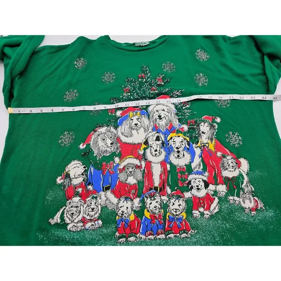 Vtg 90s Women's Green Christmas Santa Dogs Holiday Crewneck Sweater - Picture 5 of 8